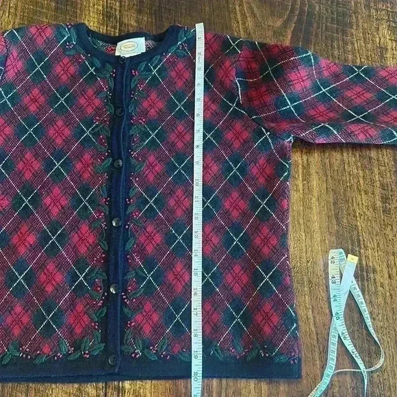 Talbots | Vintage 90’s Plaid Holiday Button Down Sweater, 100% Merino Wool - Picture 8 of 9